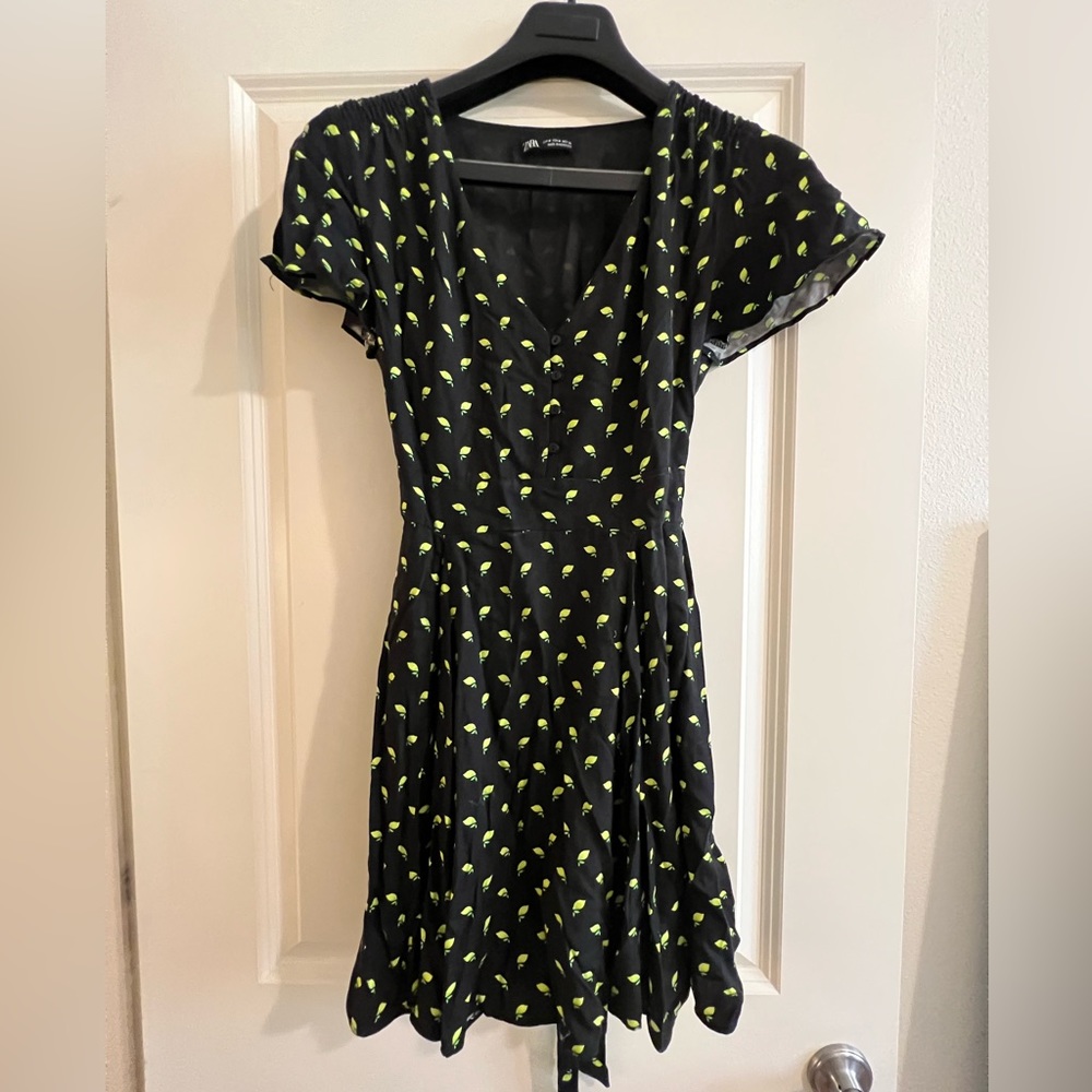Zara Black Lemon Print Tie Back A-line Dress